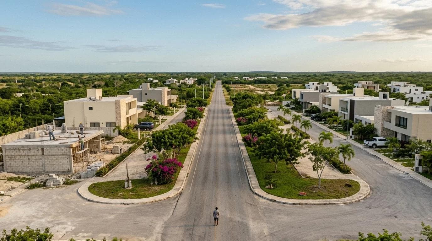 Camino con desarrollos residenciales nuevos en zona periférica de Mérida