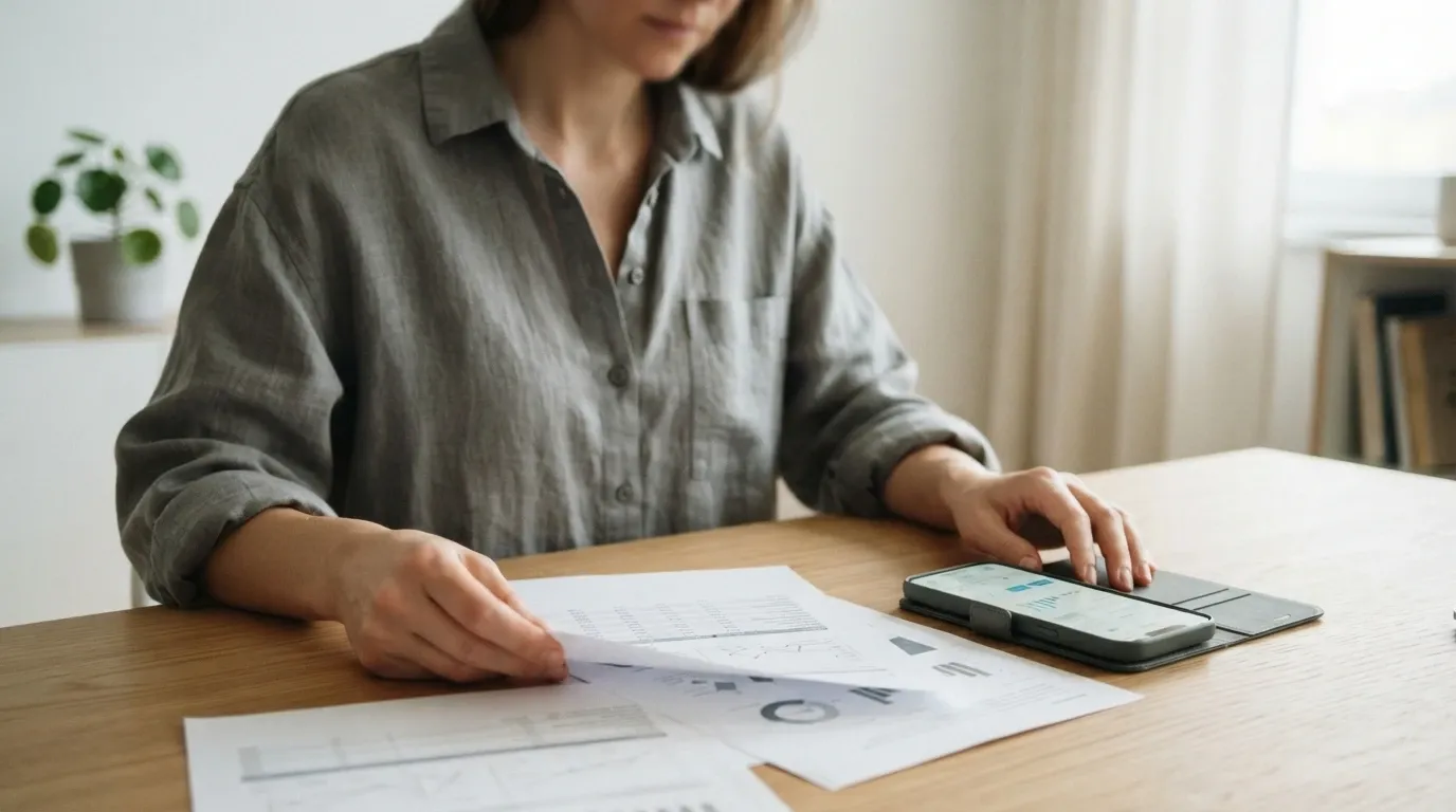 Persona revisando documentos antes de una decisión de compra inmobiliaria.