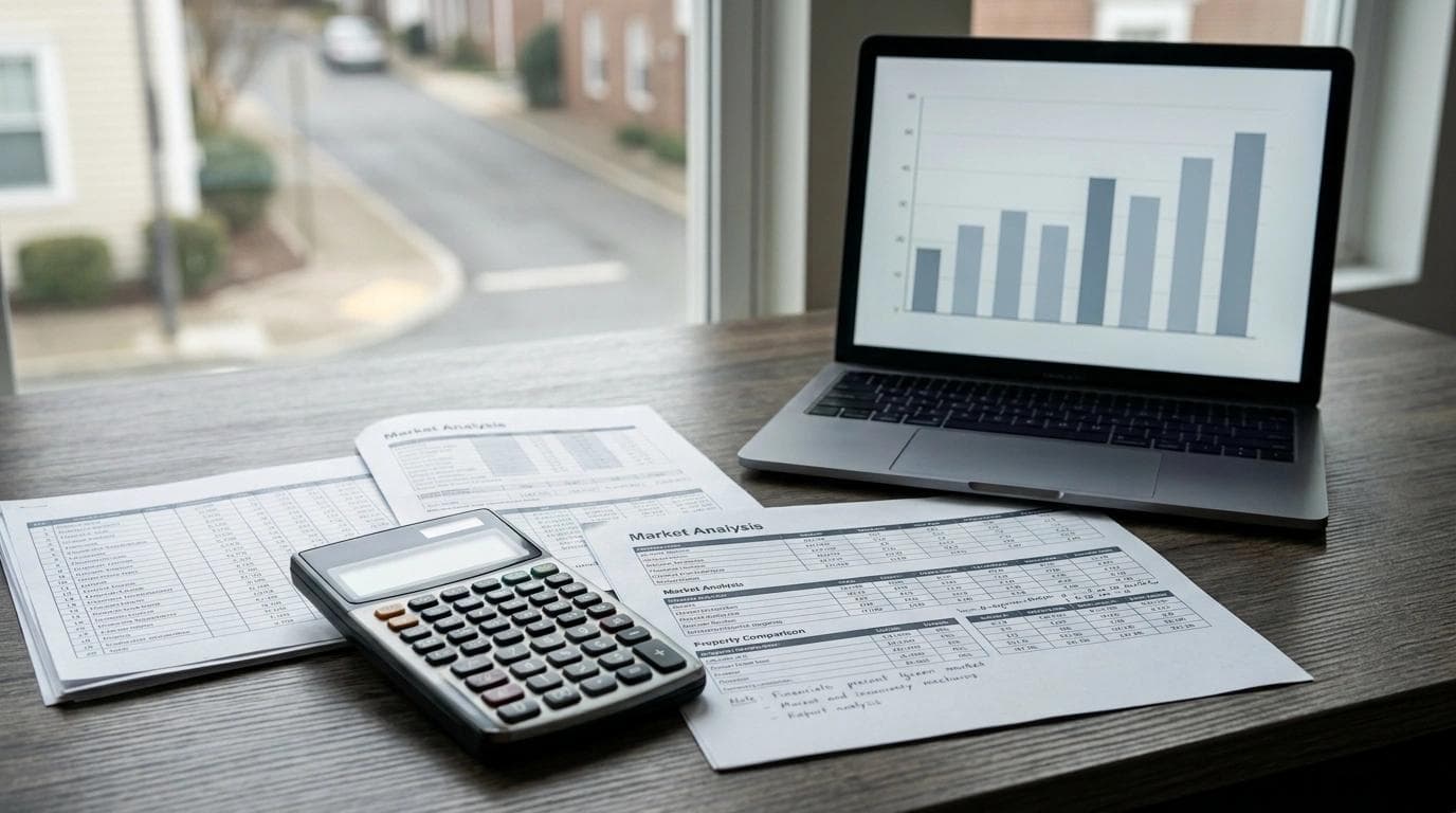 Cálculo financiero de inversión inmobiliaria sobre un escritorio