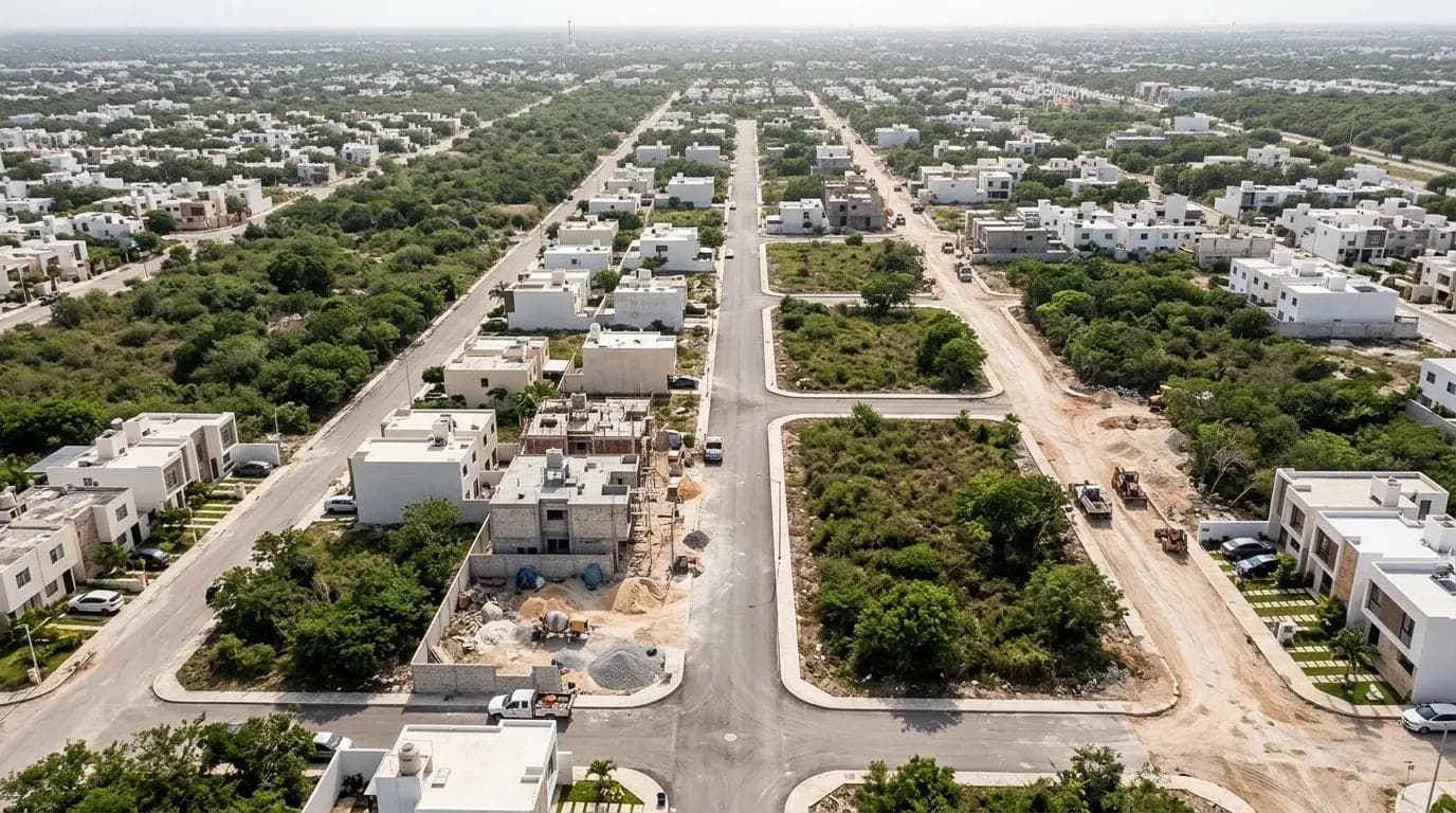 Calle residencial en desarrollo en la zona norte de Mérida con casas en distintas etapas de construcción