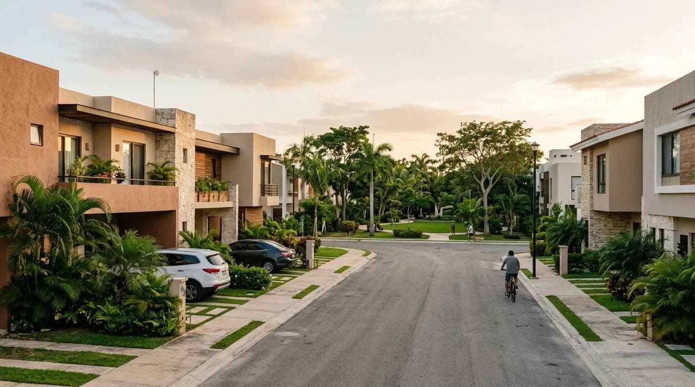 Calle residencial en una privada con áreas verdes comunes