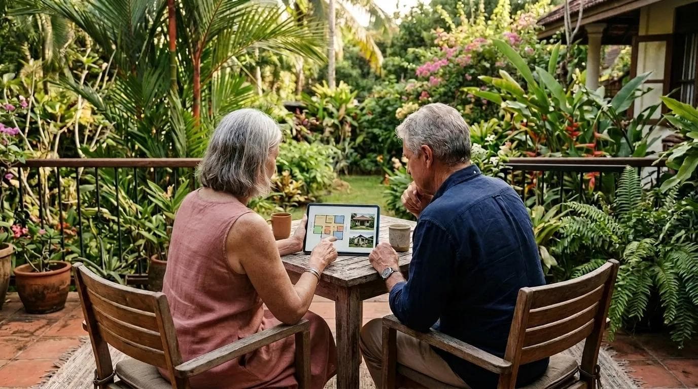 Personas mayores revisando opciones de vivienda en una tablet