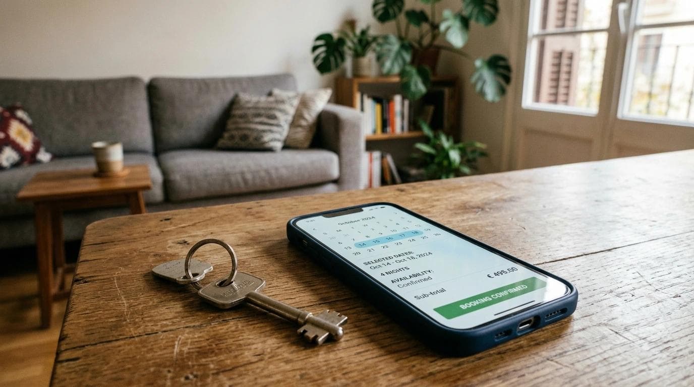 Llave y teléfono sobre una mesa en un departamento de renta corta