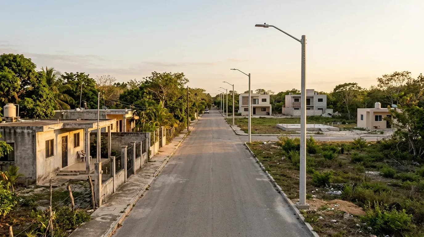 Calle en desarrollo con alumbrado público en una comisaría de Mérida