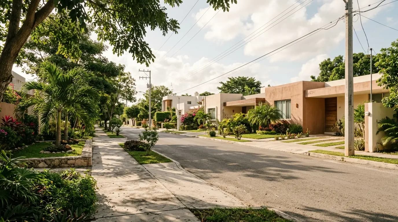 Calle residencial en la zona de Cholul, norte de Mérida.