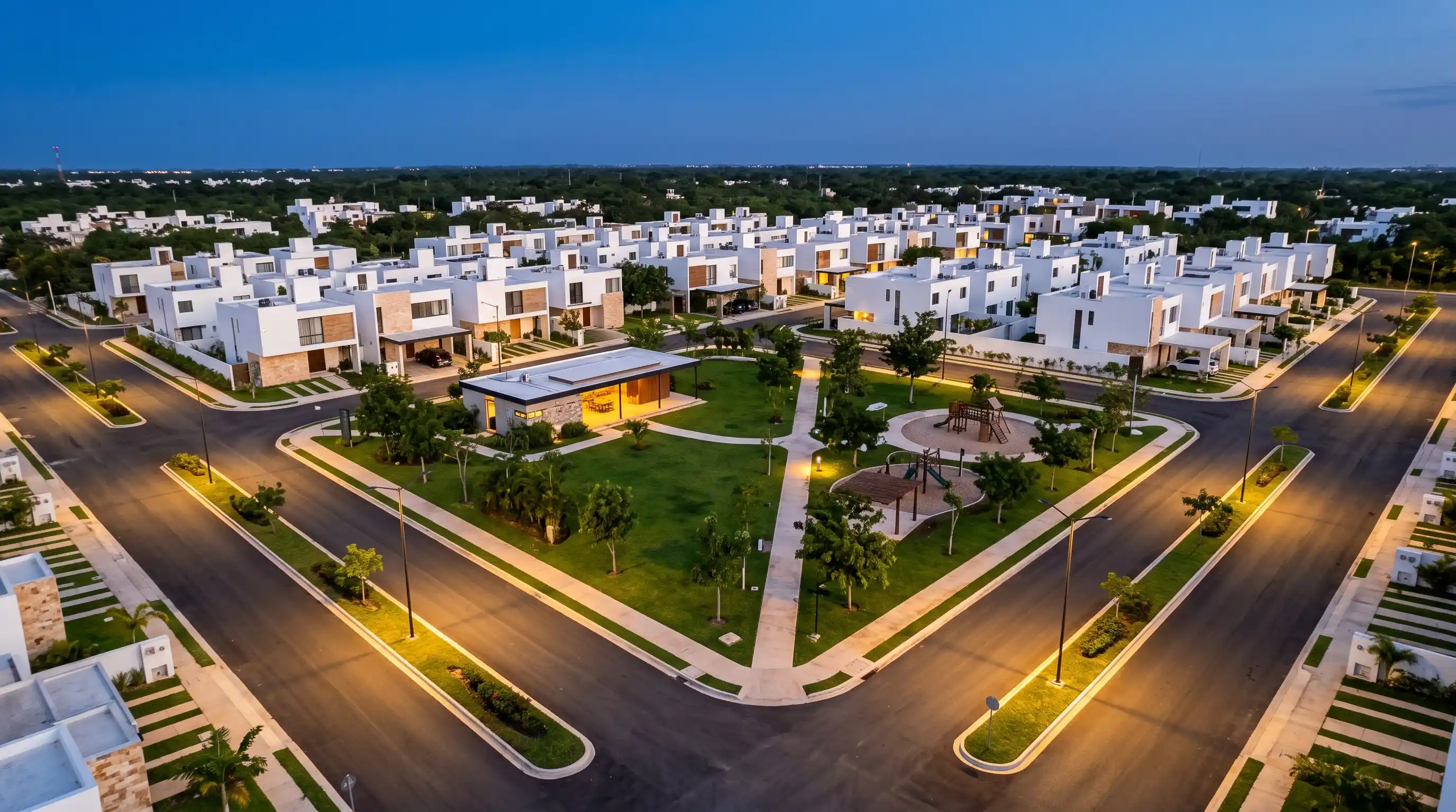 Calle residencial en zona poniente de Mérida con desarrollos nuevos y terrenos en construcción