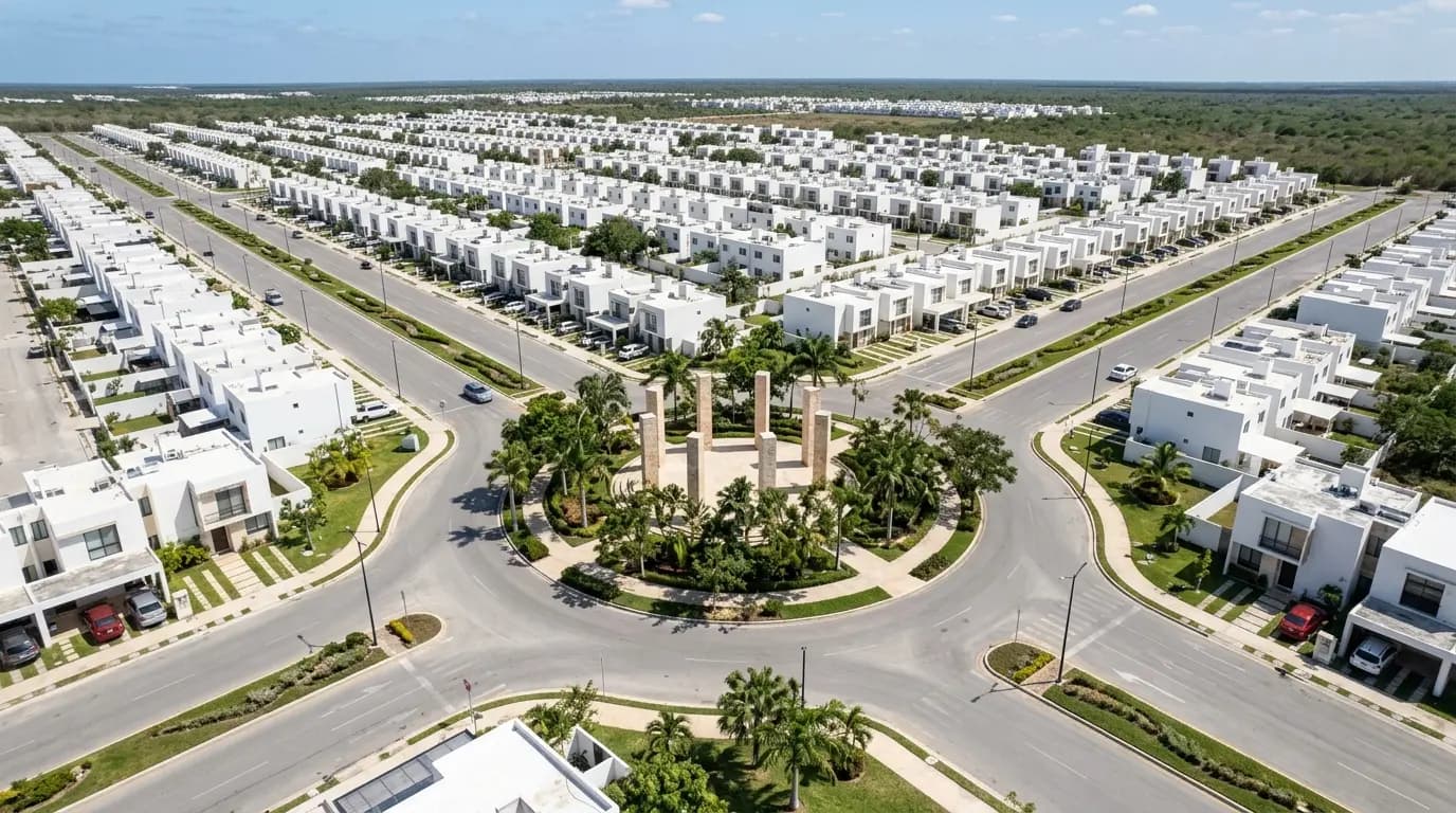 Calle residencial consolidada en la zona de Las Américas, norte de Mérida.