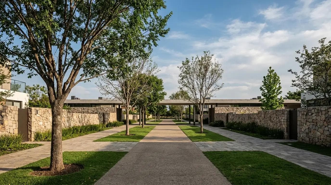 Área verde y andador dentro de un fraccionamiento residencial en Mérida