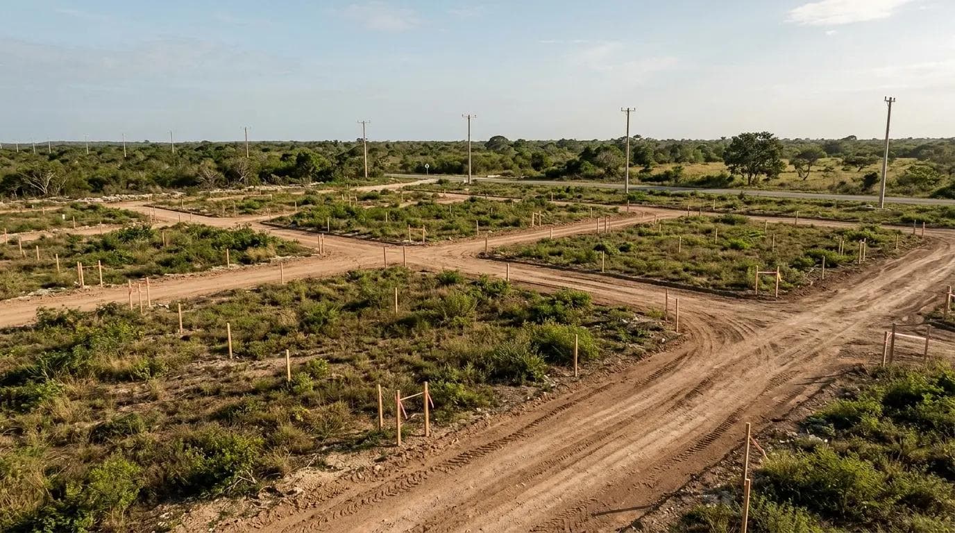 Terreno delimitado en desarrollo con infraestructura eléctrica a distancia