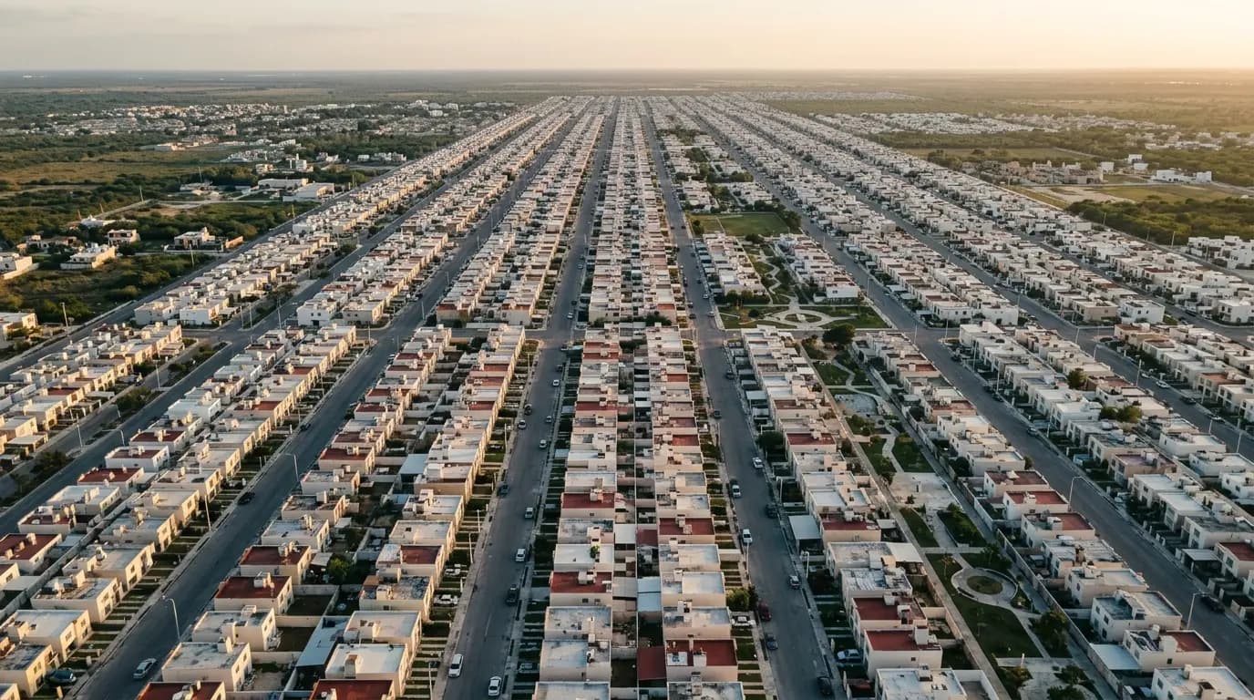 Vista aérea de un desarrollo residencial extenso en la zona poniente de Mérida