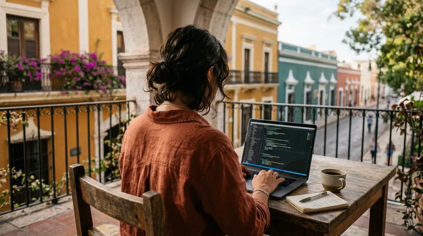 Persona trabajando remotamente en un café del Centro Histórico de Mérida.