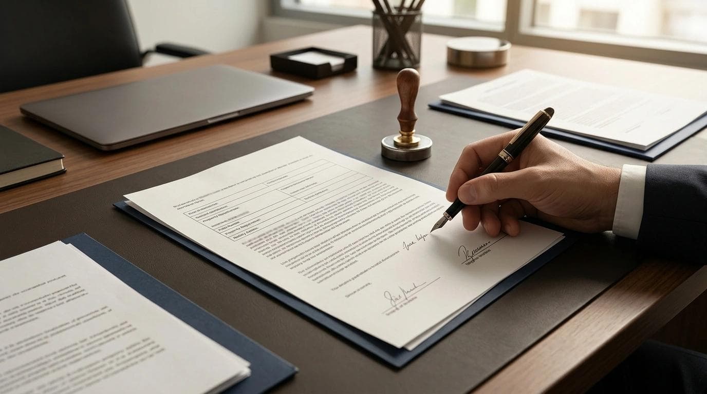 Documento de escritura de propiedad sobre un escritorio con sello notarial