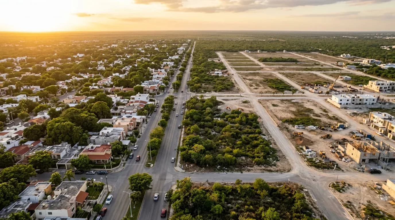 Vista aérea de zonas residenciales de Mérida mostrando contraste de densidad de construcción entre distintas colonias