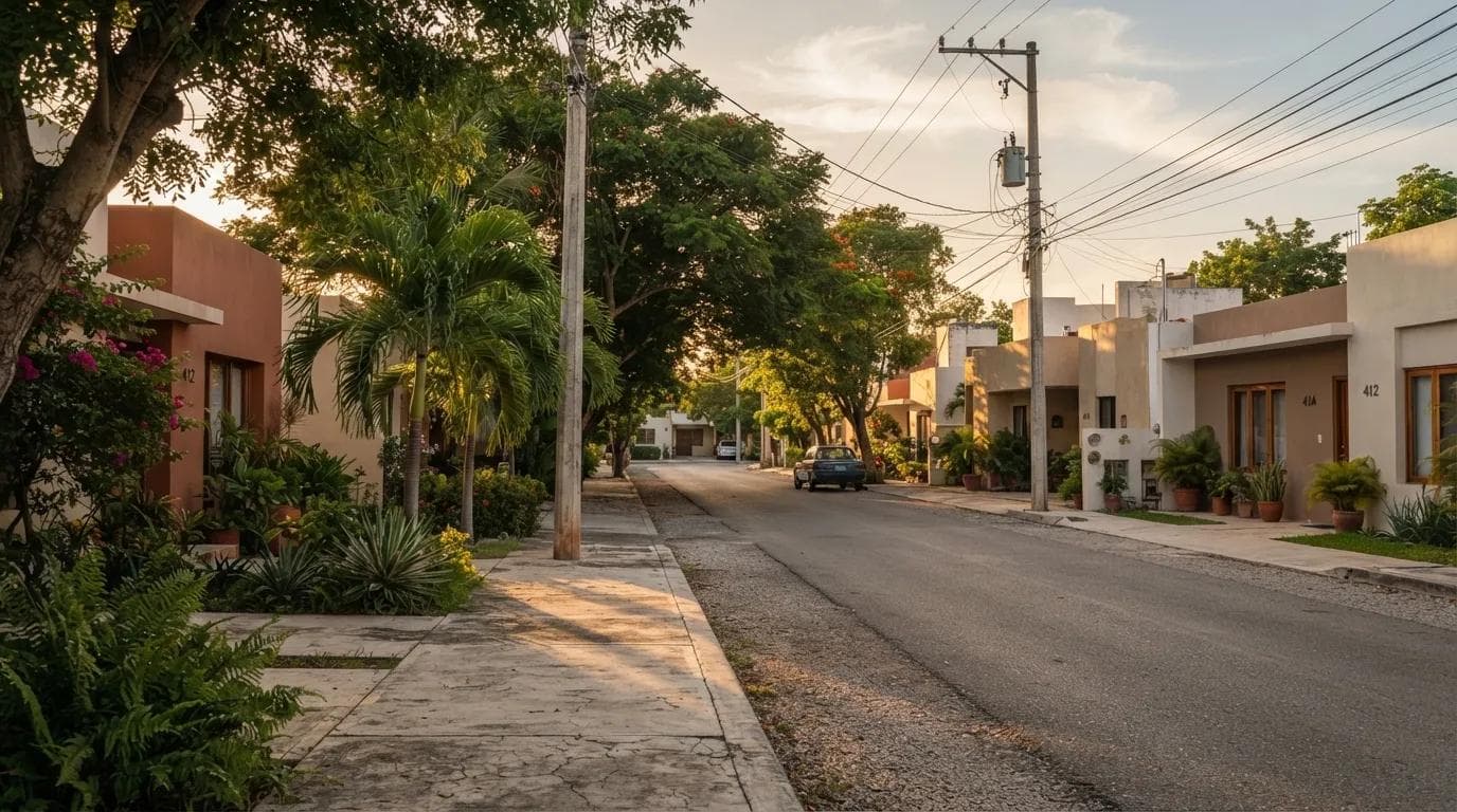 Calle residencial en un fraccionamiento consolidado del norte de Mérida, Yucatán.