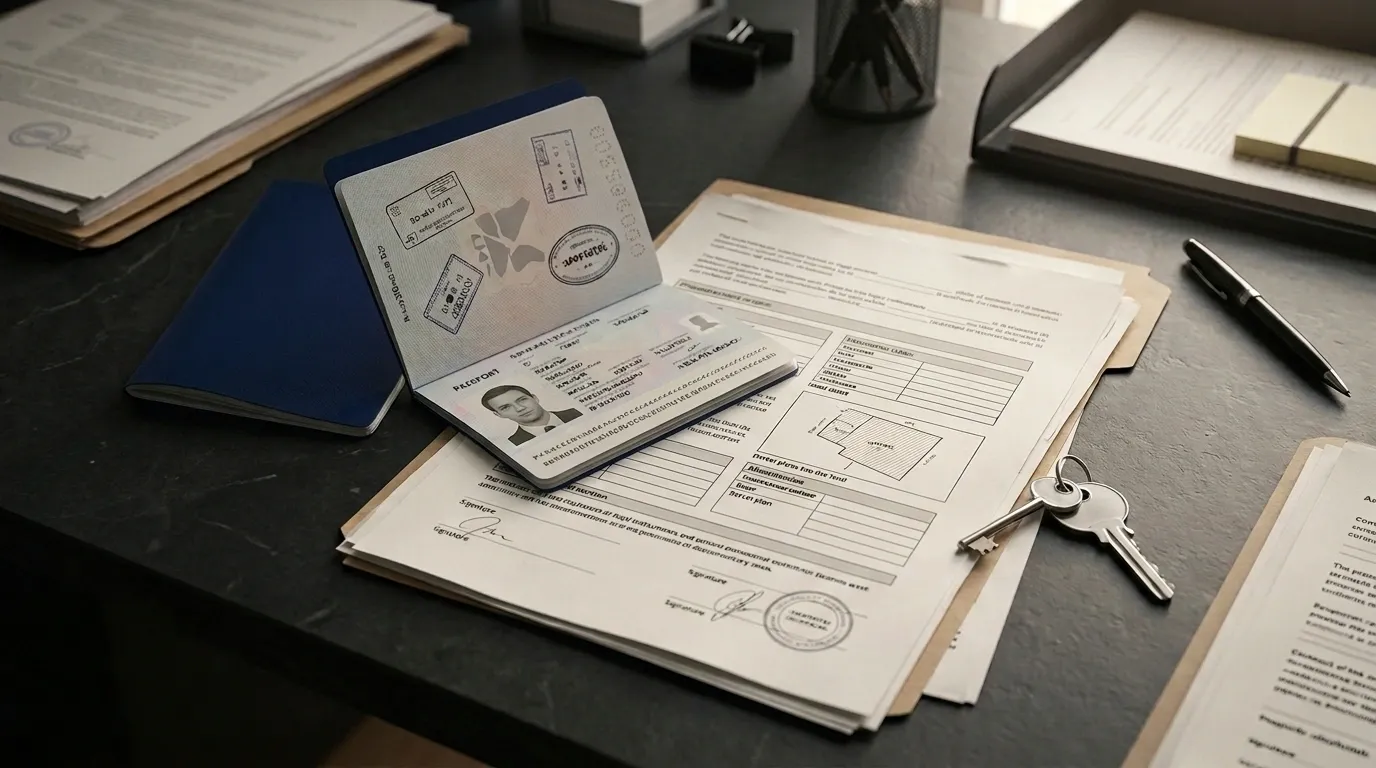 Documentos legales y llave de casa sobre un escritorio