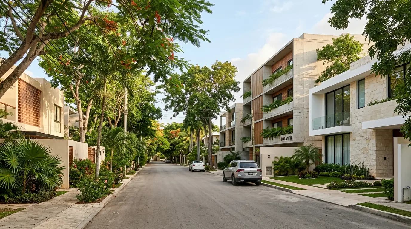 Calle residencial en una zona premium del norte de Mérida con casas y departamentos
