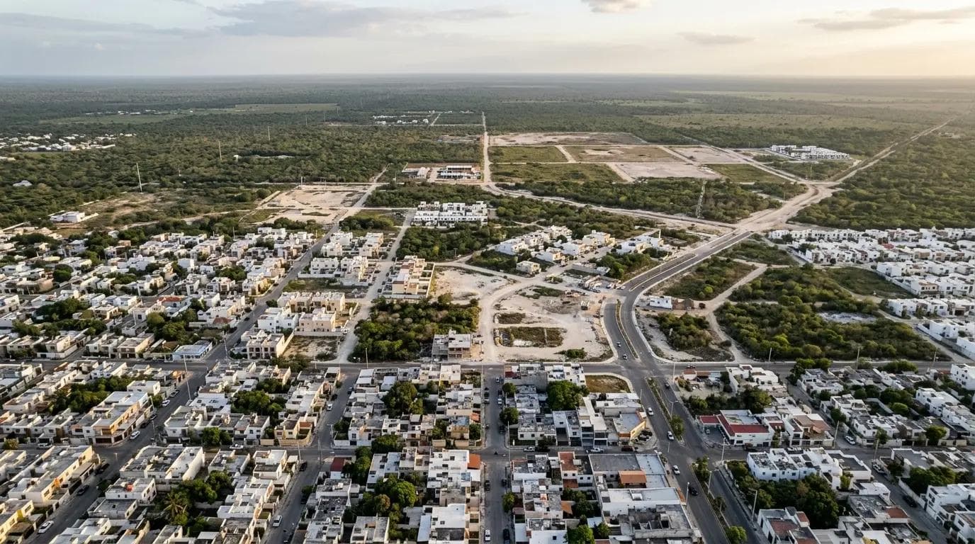 Vista aérea de expansión urbana dispersa en la periferia de una ciudad